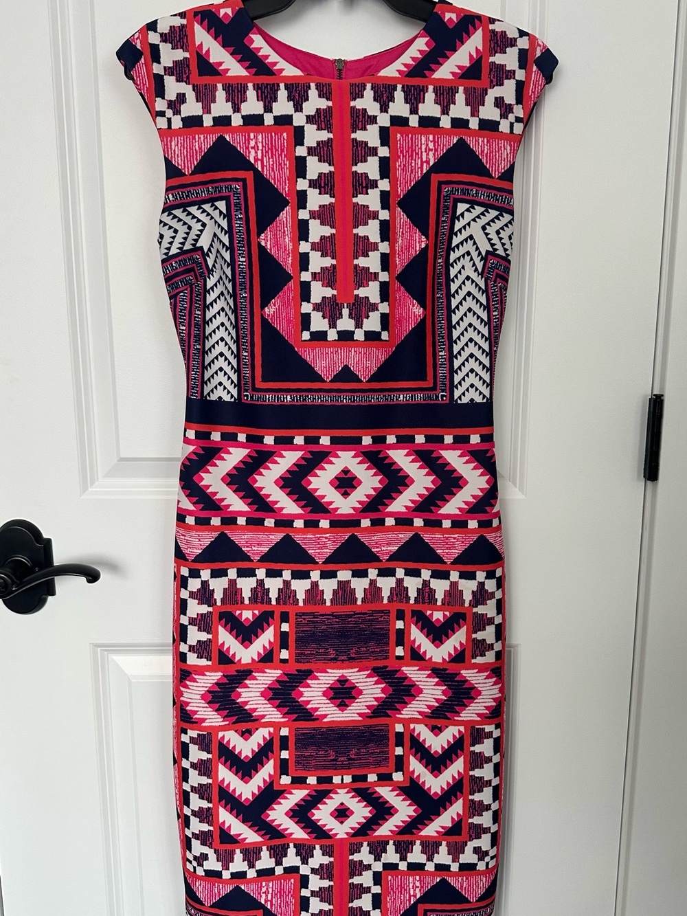 Vince Camuto Pink and Navy Geometric Sheath Dress
